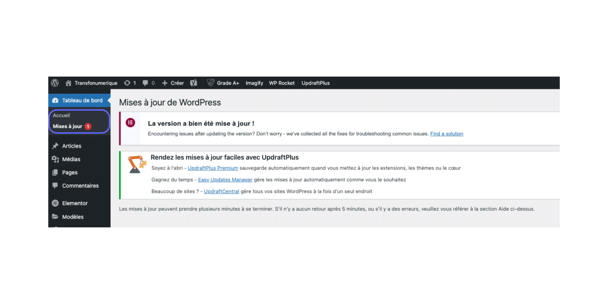 Onglet mise à jour WordPress pour maintenance de site