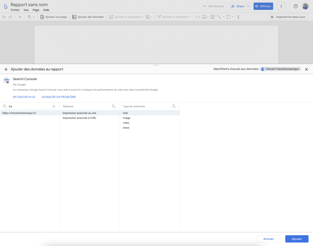 Dashboard seo - configuration connecteur search console