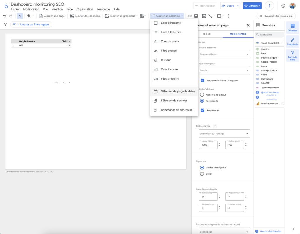 dashboard seo - selecteur de plage de date