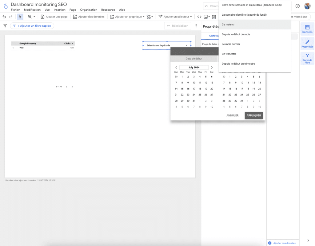 Dashboard SEO - paramétrage selecteur de plage de date