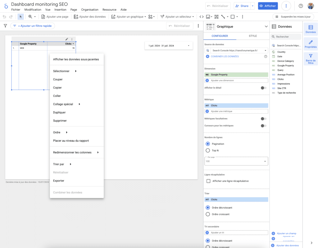 Dashboard SEO - suprimer élément