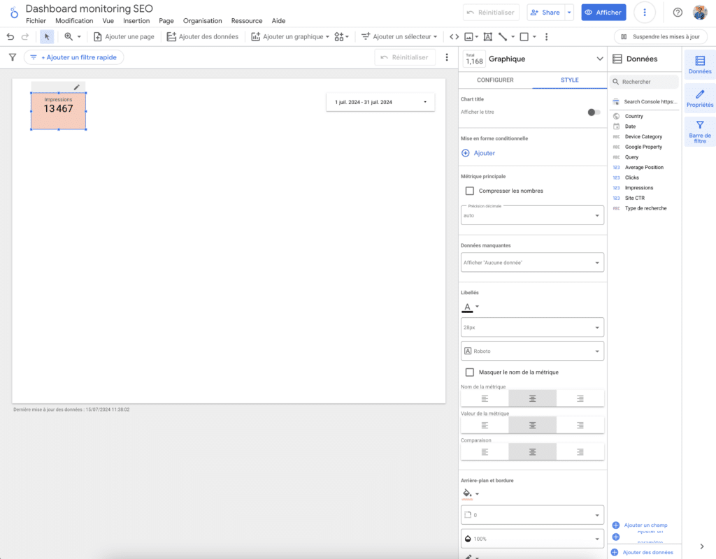 dashboard seo - personnalisé tableau