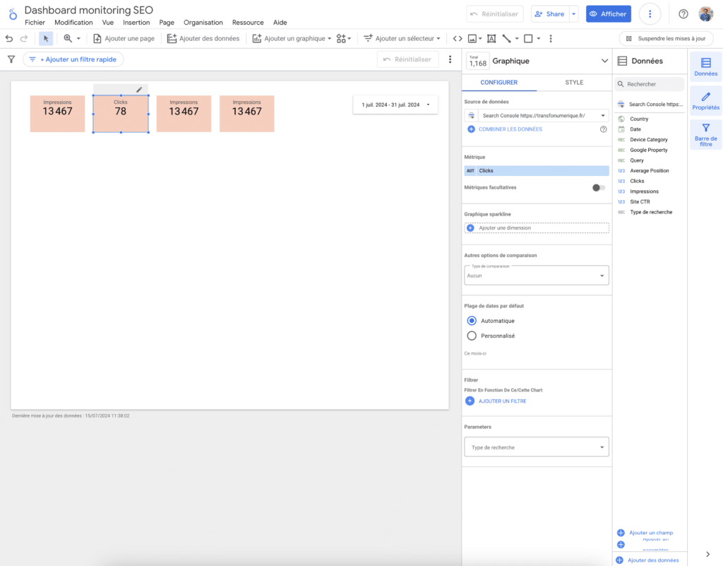 dashboard seo - plusieur tableau de normbre