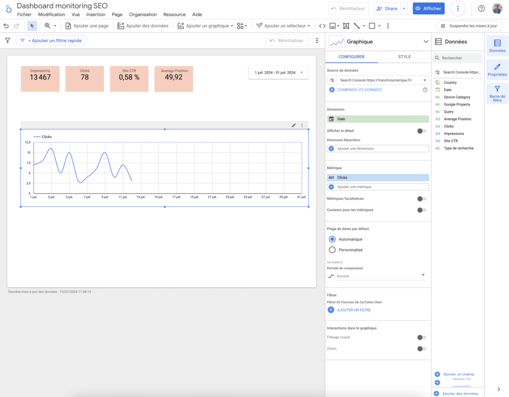 dashboard seo - tableau de données