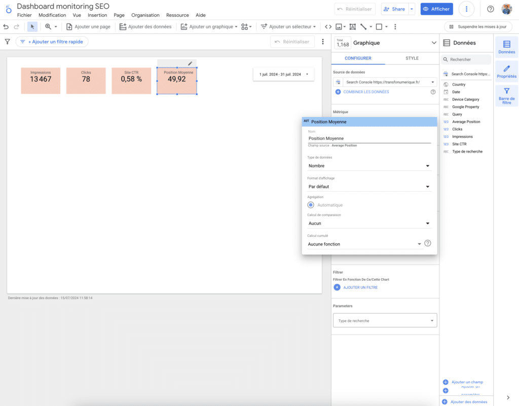 dashboard seo - modifier nom éléments position moyenne