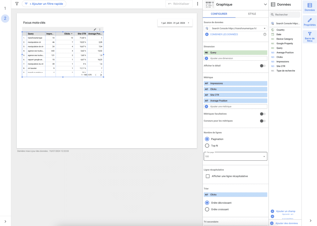 dashboard seo - positionner tableau