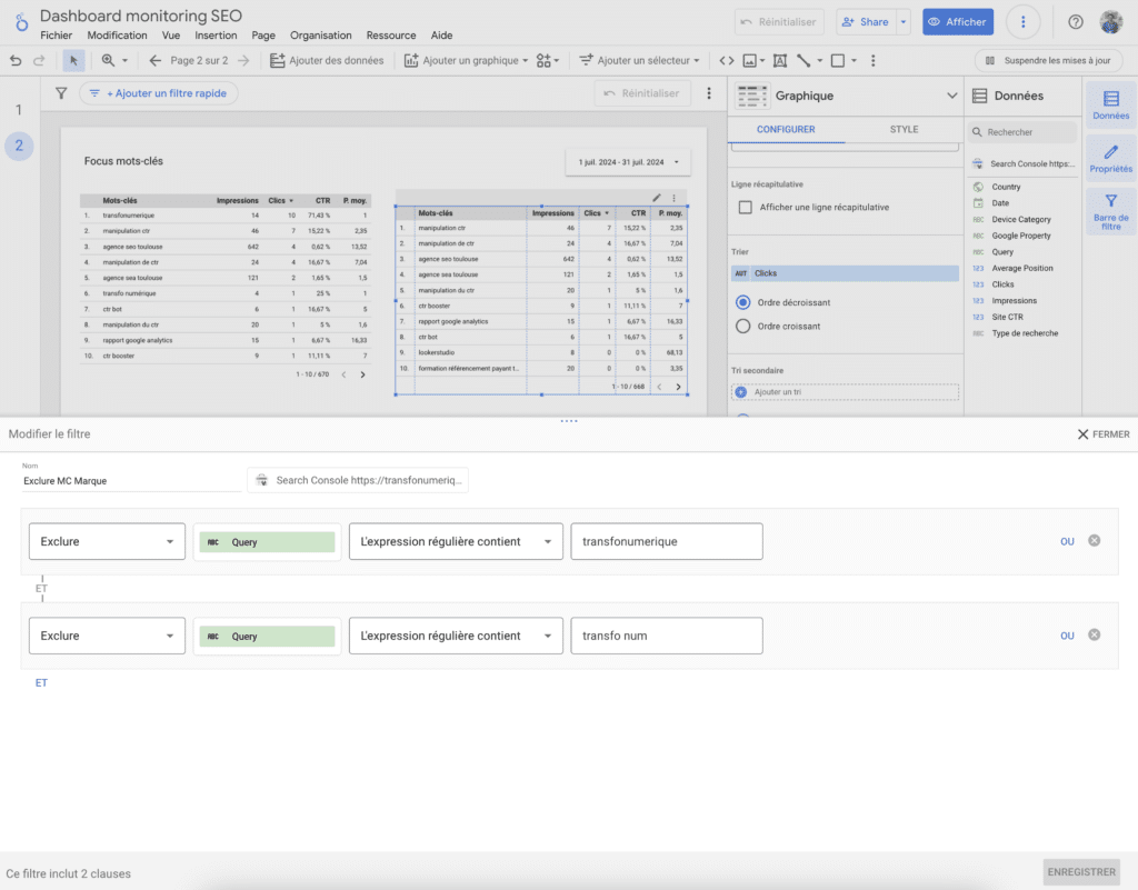 dashboard seo - créer un filtre