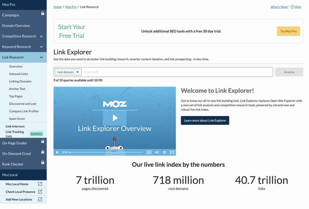 Outil d'analyse des backlinks - moz