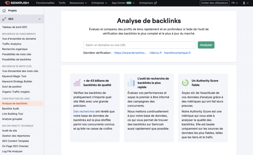 Outil d'analyse des backlinks - semrush