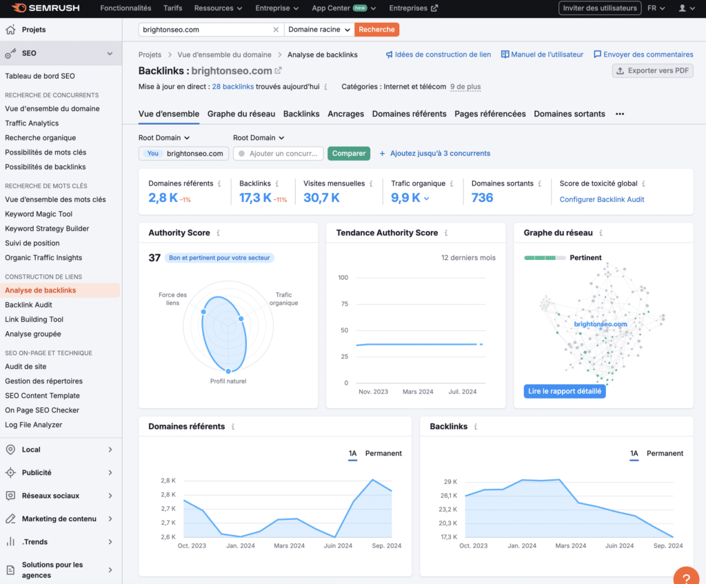 Outil d'analyse des backlinks - semrush exmple pour site